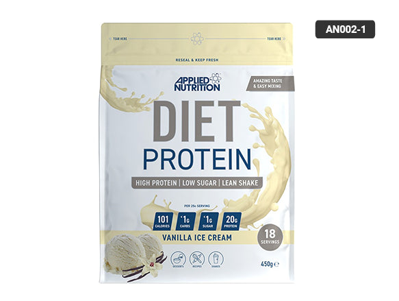 Applied Nutrition Diet Protein Vanilla Ice Cream is meant to aid weight management and strengthen muscles by offering high-quality whey protein at low calories.